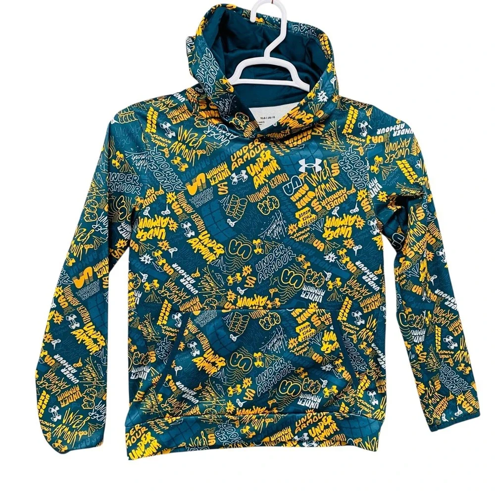 Under Armour Youth Hoodie Graphic Print‎ Teal Yellow Pullover Hooded Sweatshirt